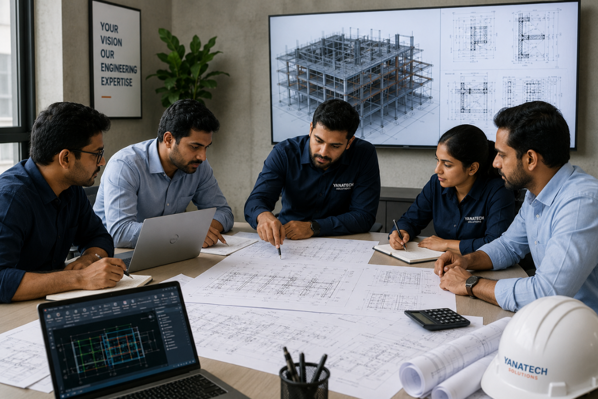 Engineering team discussing construction drawings